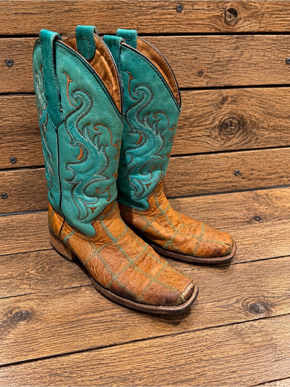Tony Lama Women’s Size 7 Turquoise & Tan Exotic Patchwork Western Cowboy Boots